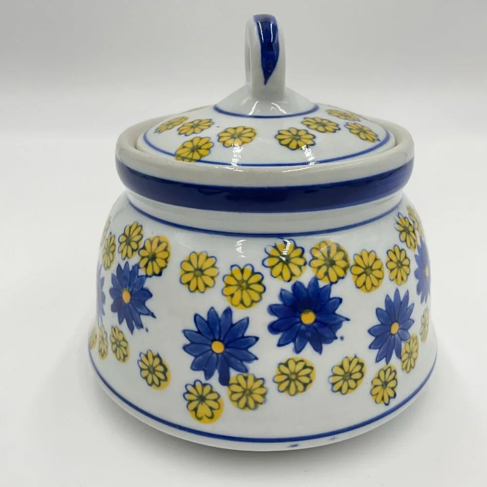 Vintage Jar‎ Small Floral Lid Keepsakes Ceramic White Blue Yellow Daisies Signed